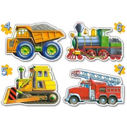 Puzzle sada 4v1 - Auta (buldozer, mašinka, nákladní auto, hasičské auto)